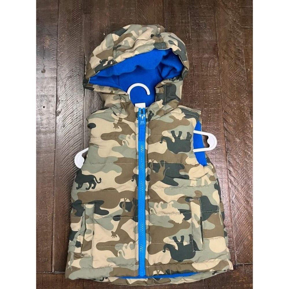 Little me dinosaur camo puffer vest with hood and zips on front